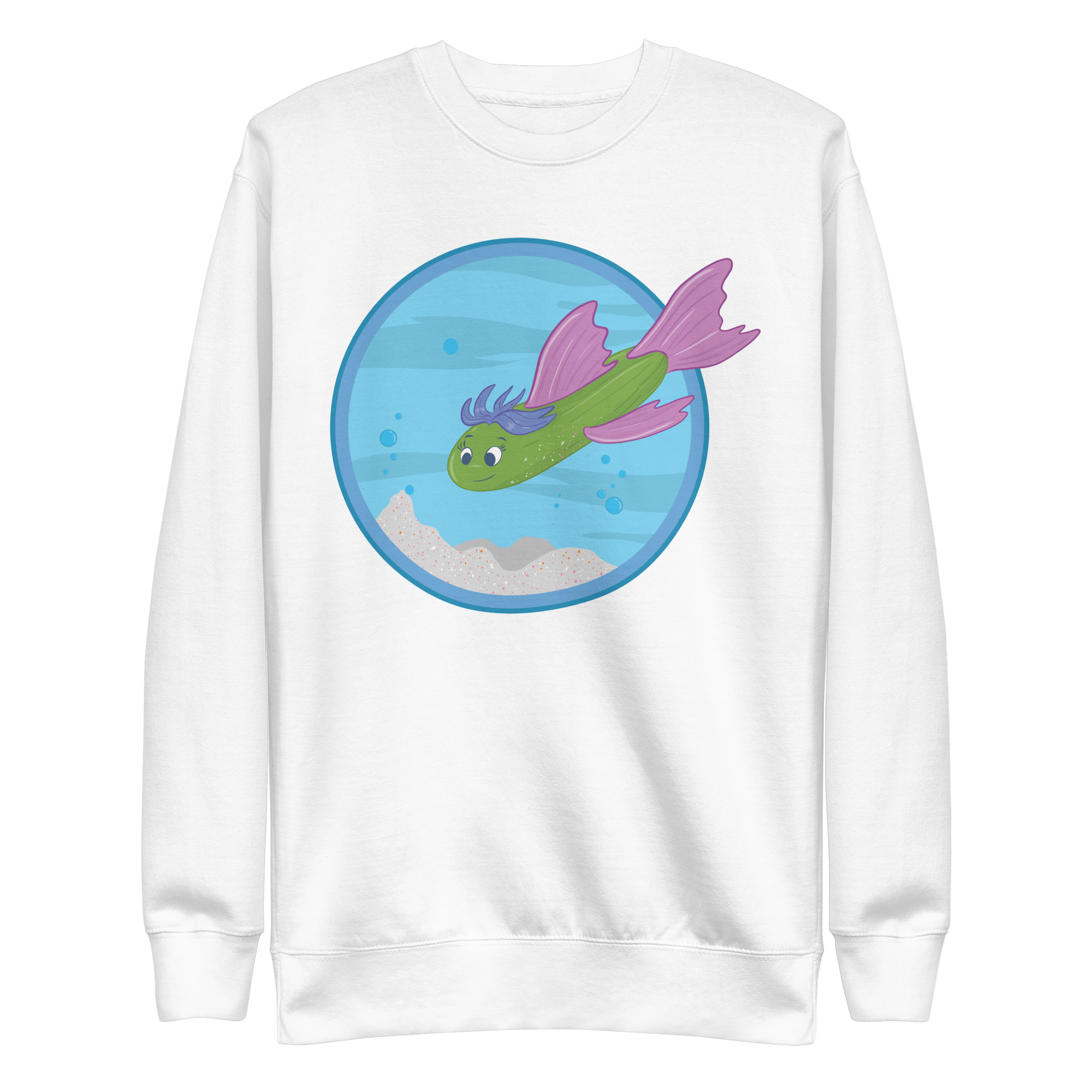 unisex-premium-sweatshirt-white-front-6a88b75569b5d.png Cucumber Green Fish Sweatshirt