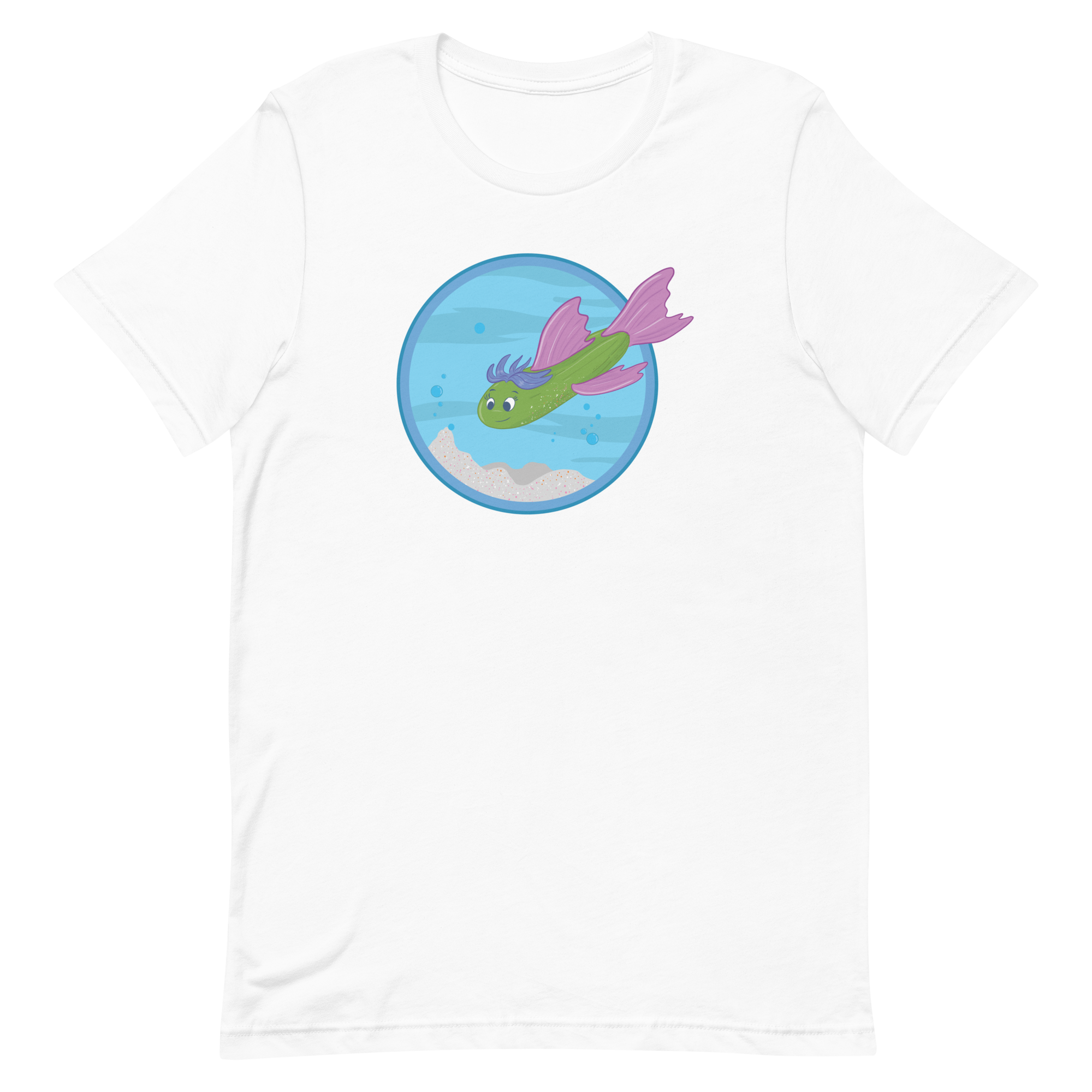 unisex-staple-t-shirt-white-front-6a88b754d65eb.png Cucumber Green Fish T-Shirt